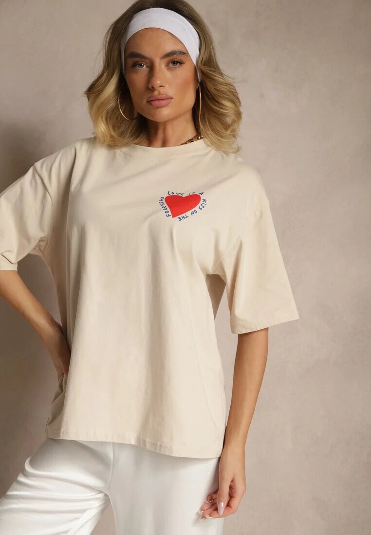 jumelle T-shirt Bej din Bumbac Decorat cu Inimă Ranira
