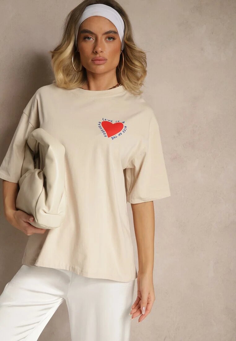 jumelle T-shirt Bej din Bumbac Decorat cu Inimă Ranira