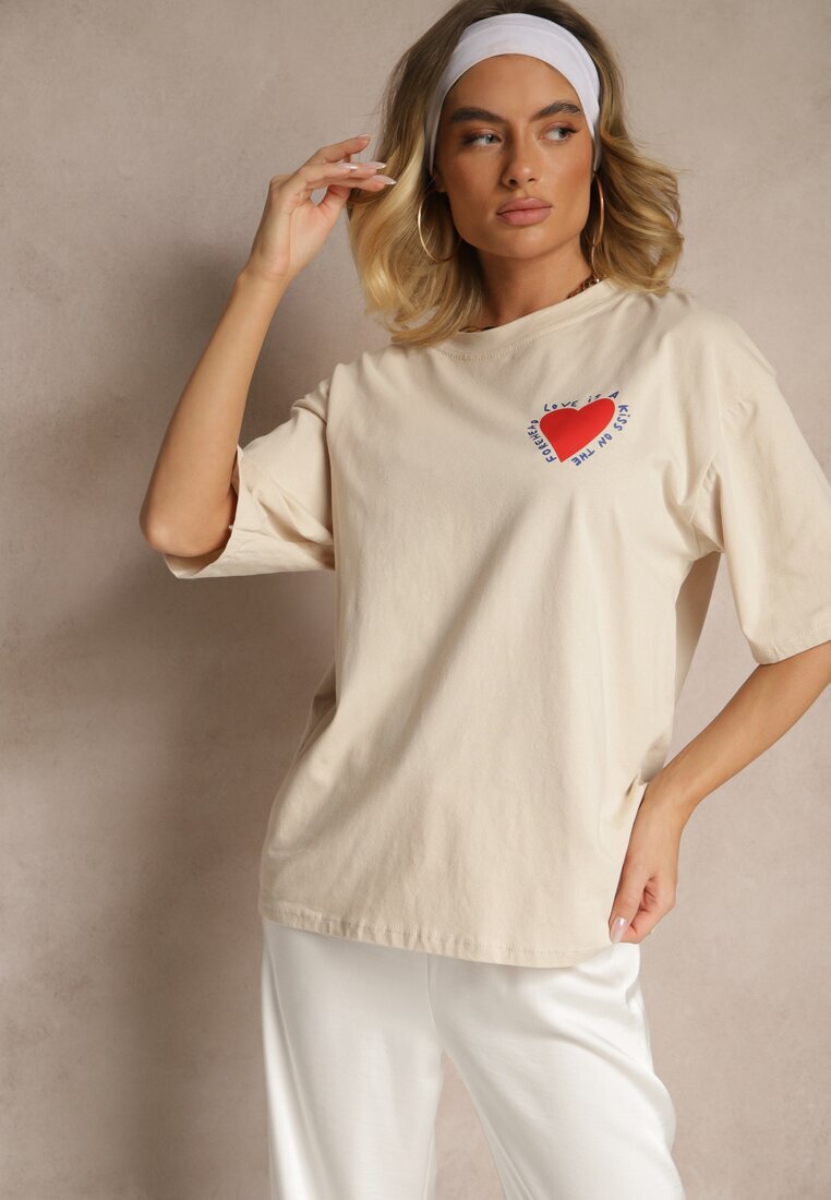 jumelle T-shirt Bej din Bumbac Decorat cu Inimă Ranira