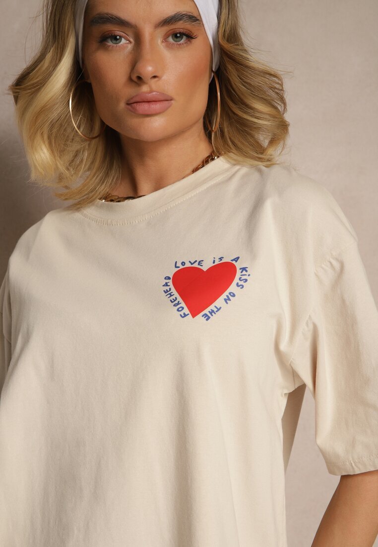 jumelle T-shirt Bej din Bumbac Decorat cu Inimă Ranira