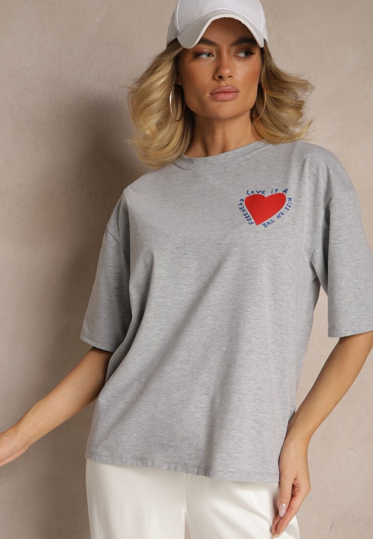 jumelle T-shirt Gri din Bumbac Decorat cu Inimă Ranira