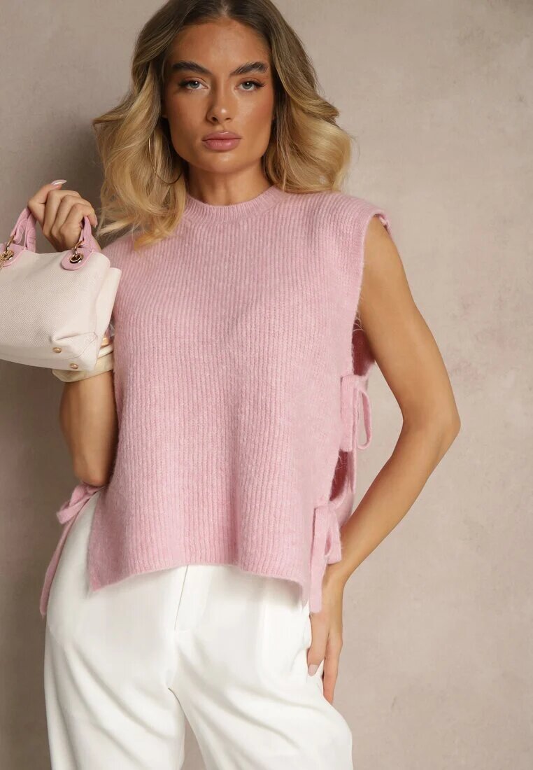 jumelle Vestă roz din Tricot cu Lână și Viscoză Decorată cu Legături Annivoriae
