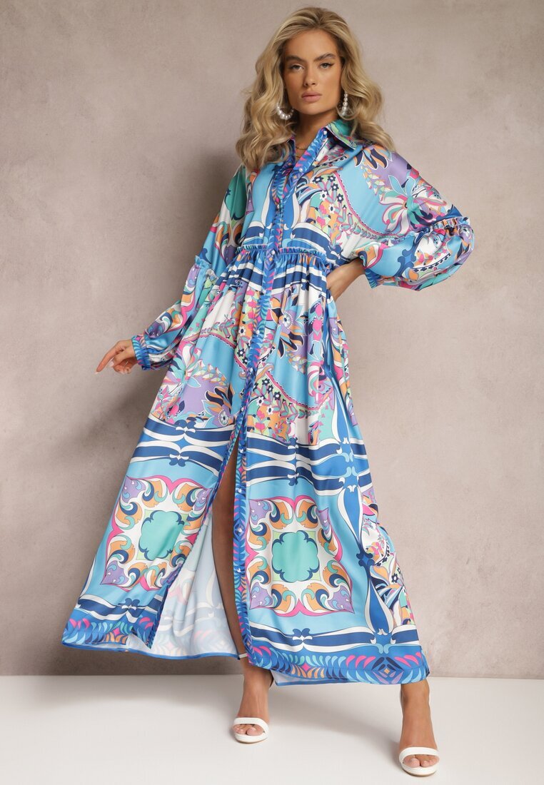 jus de pom Rochie Albastră Maxi Oversize cu Model Ornamental Colorat Stama