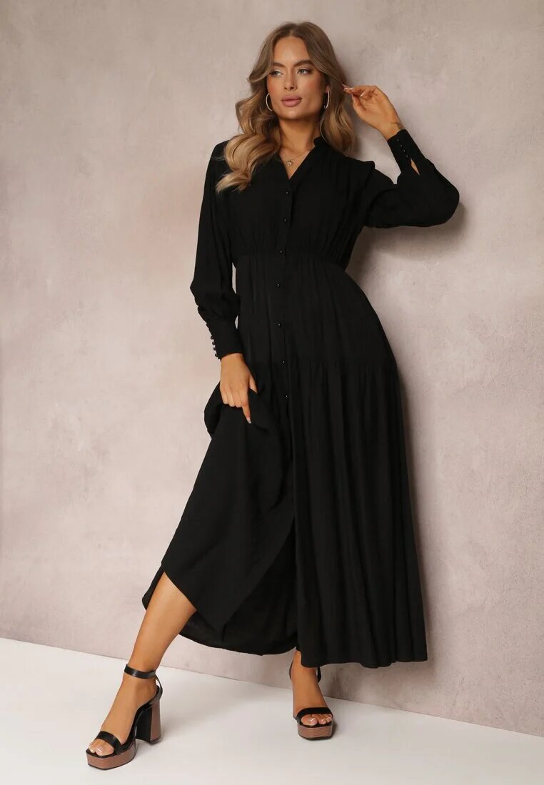 jus de pom Rochie Cloche Neagră cu elastic în talie și nasturi decorativi Graziela