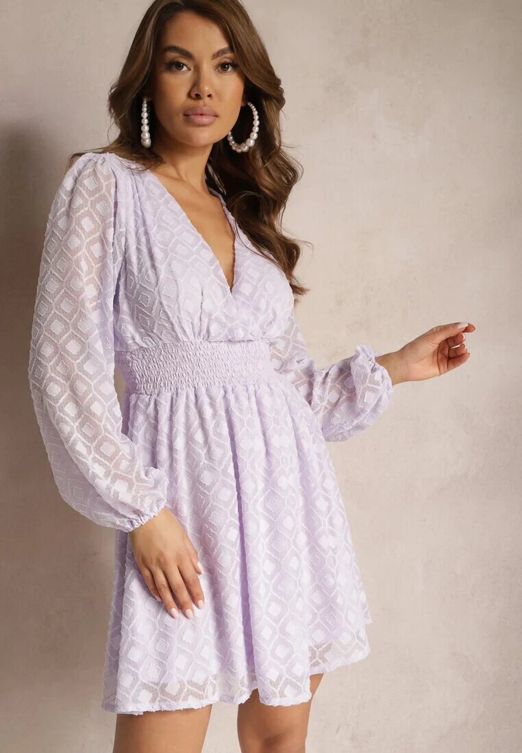 jus de pom Rochie violet cu elastic în talie decolteu petrecut și imprimeu geometric pe plasă Marixita