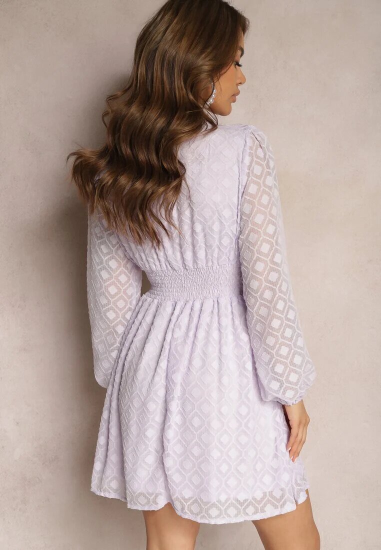 jus de pom Rochie violet cu elastic în talie decolteu petrecut și imprimeu geometric pe plasă Marixita