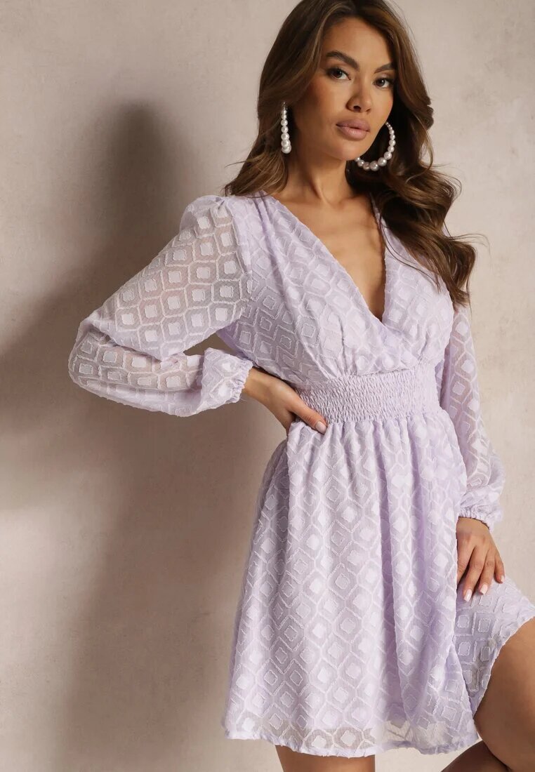 jus de pom Rochie violet cu elastic în talie decolteu petrecut și imprimeu geometric pe plasă Marixita