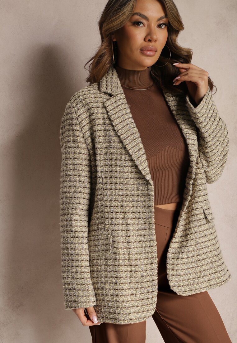 jus de pom Sacou Gri-bej Tweed Cu un singur rând de nasturi cu nasturi decorativi Arielitta