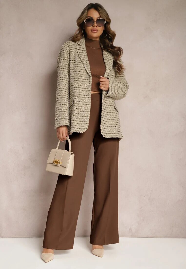 jus de pom Sacou Gri-bej Tweed Cu un singur rând de nasturi cu nasturi decorativi Arielitta