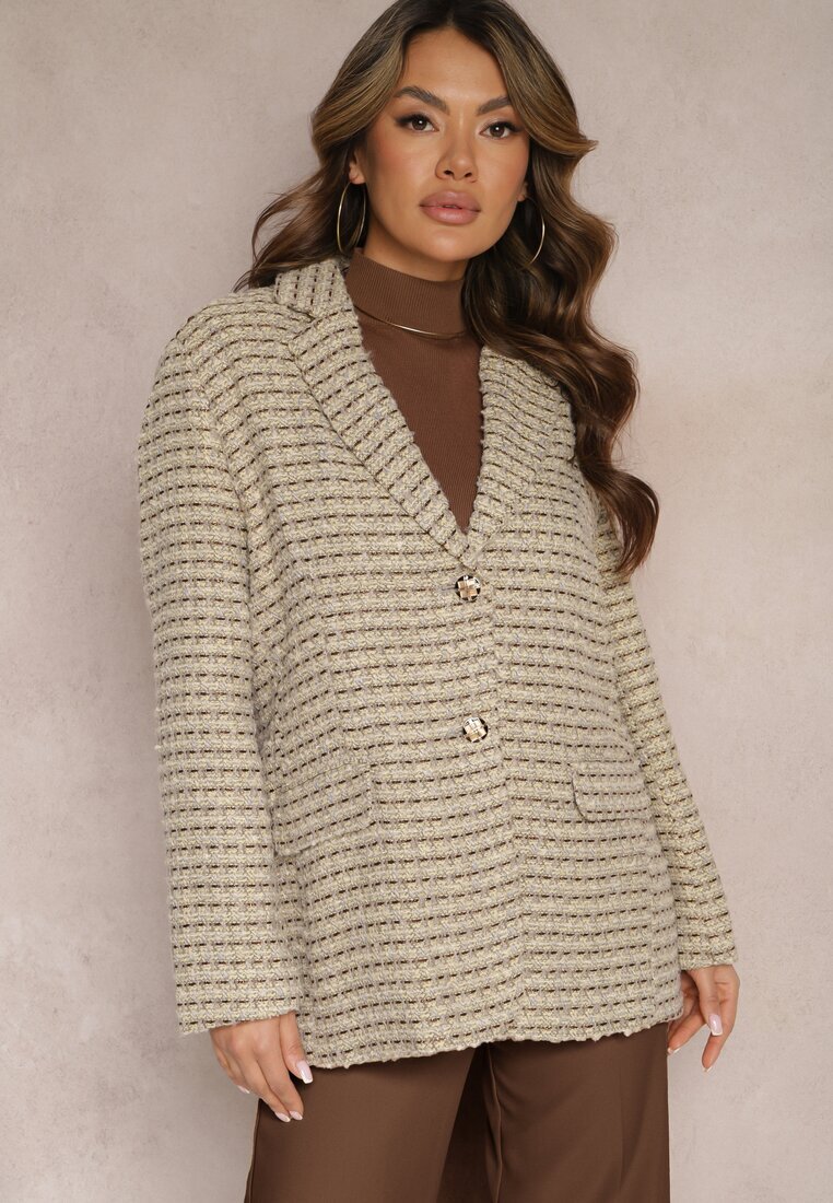 jus de pom Sacou Gri-bej Tweed Cu un singur rând de nasturi cu nasturi decorativi Arielitta