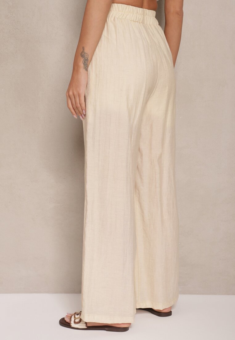 jusdepom Pantaloni Bej deschis din Viscoză Palazzo High Waist cu In Linaselia