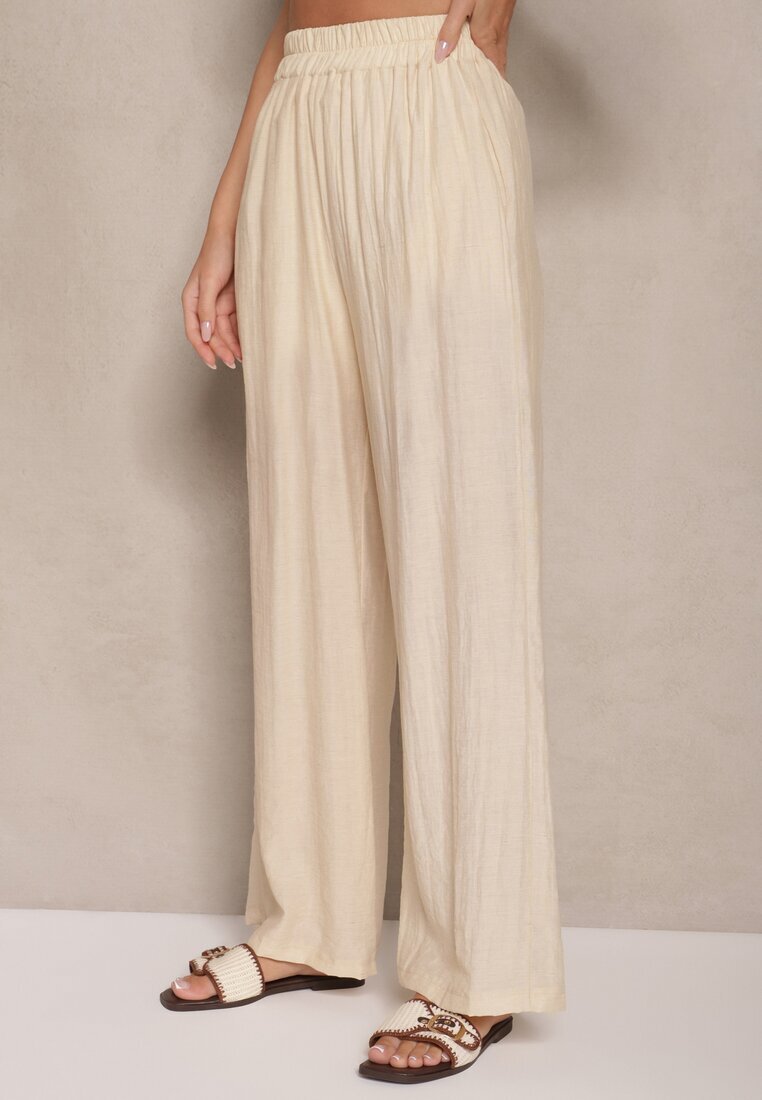 jusdepom Pantaloni Bej deschis din Viscoză Palazzo High Waist cu In Linaselia