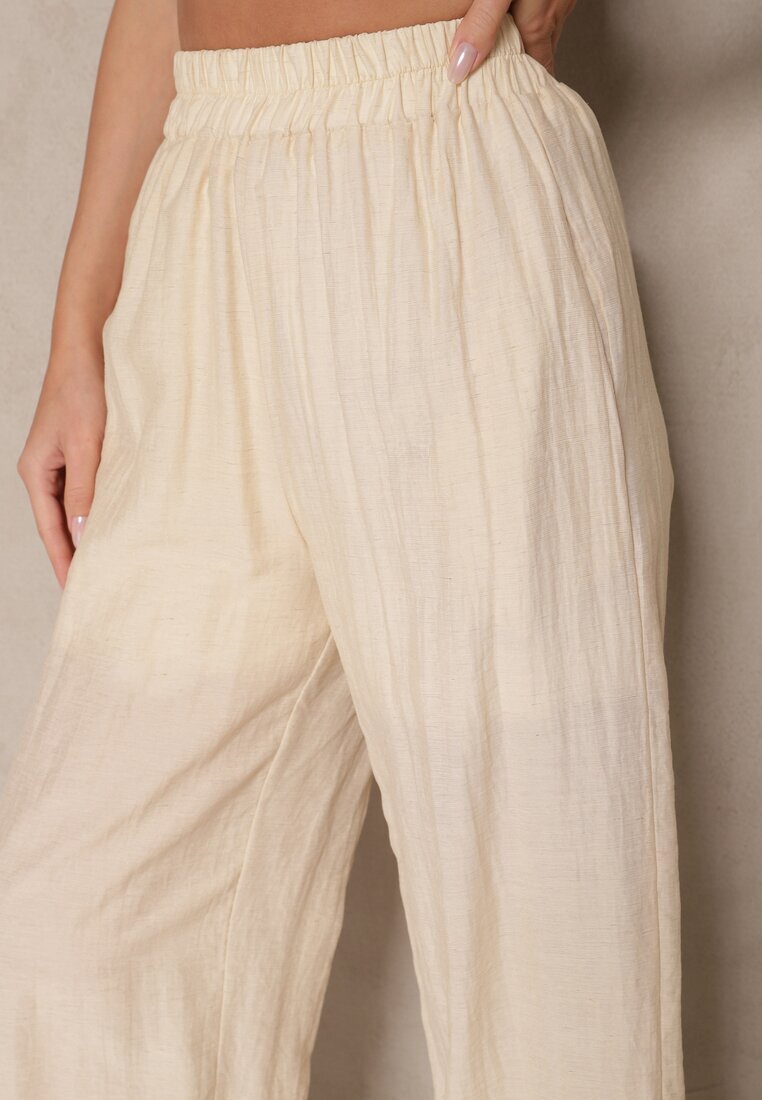 jusdepom Pantaloni Bej deschis din Viscoză Palazzo High Waist cu In Linaselia