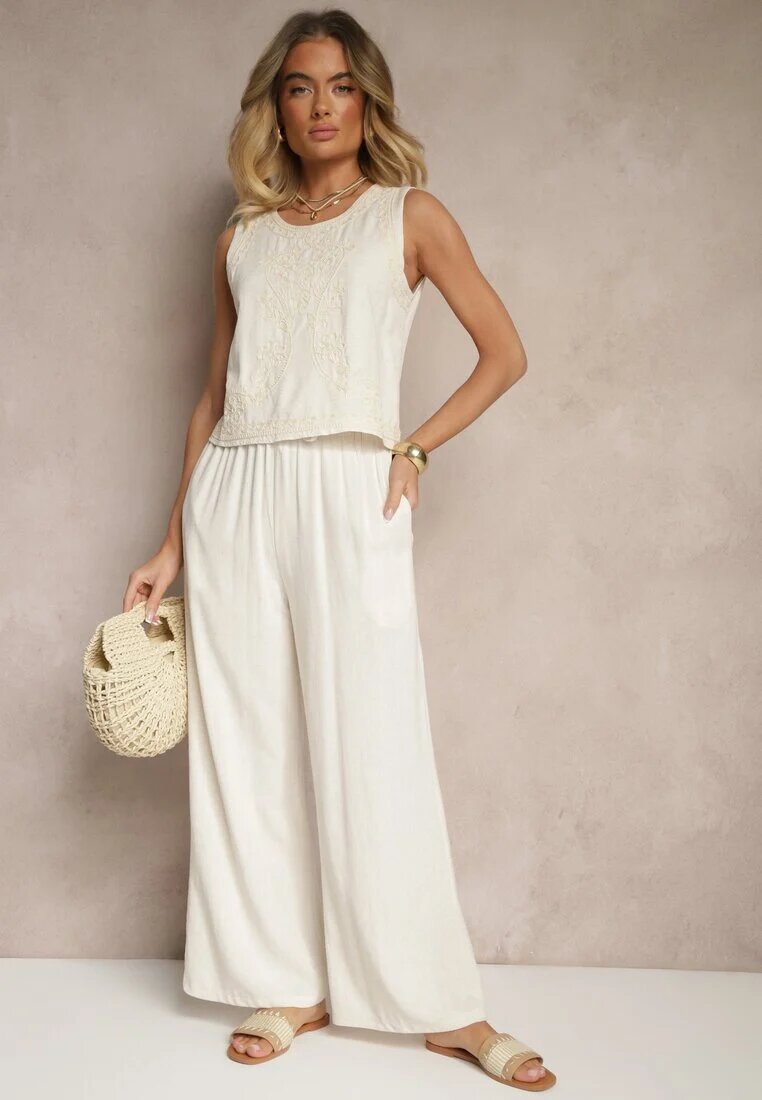 jusdepom Pantaloni Palazzo bej deschis cu croială largă cu talie înaltă cu legătură decorativă Sonariella