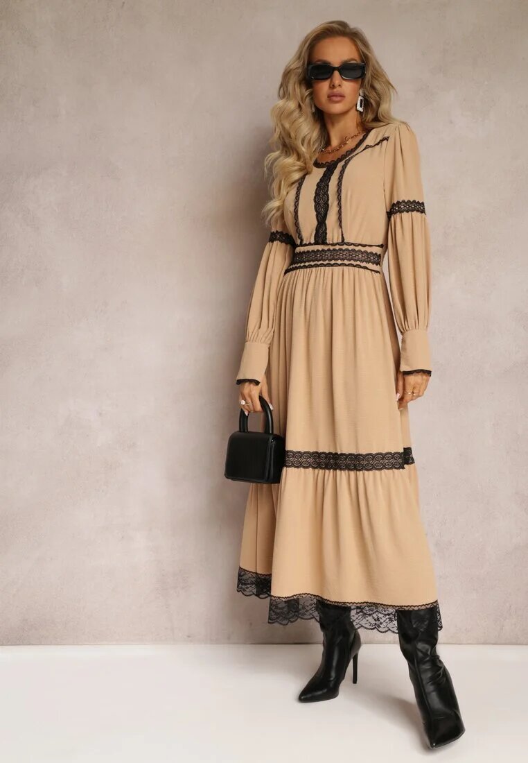 jusdepom Rochie Maxi Bej cu croi evazat cu dantelă decorativă și manșete Kante