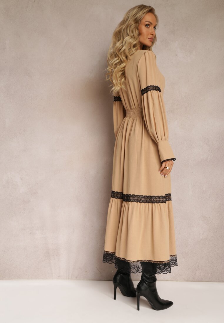 jusdepom Rochie Maxi Bej cu croi evazat cu dantelă decorativă și manșete Kante
