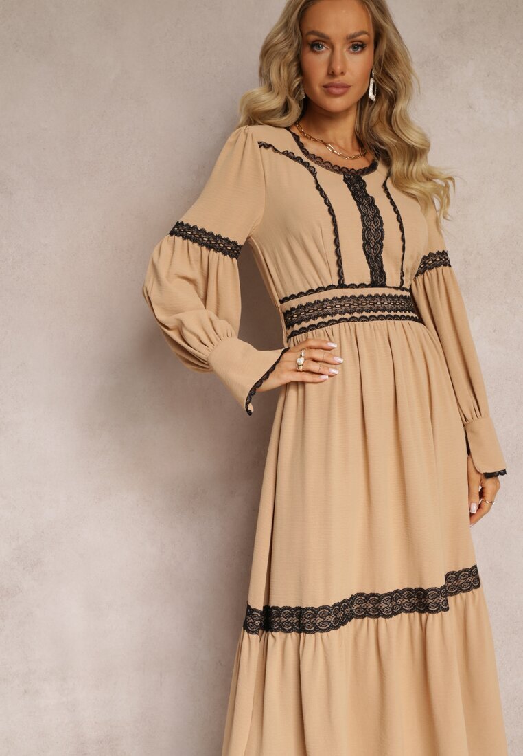 jusdepom Rochie Maxi Bej cu croi evazat cu dantelă decorativă și manșete Kante