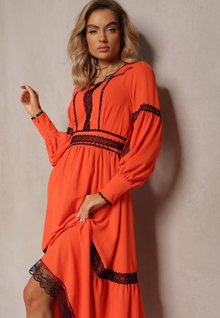 jusdepom Rochie Maxi Portocalie cu croială evazată cu dantelă decorativă și manșete Kante