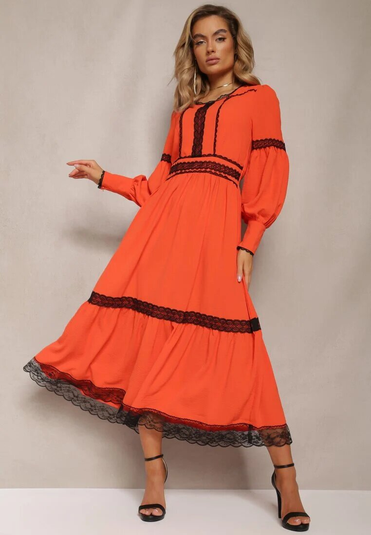 jusdepom Rochie Maxi Portocalie cu croială evazată cu dantelă decorativă și manșete Kante