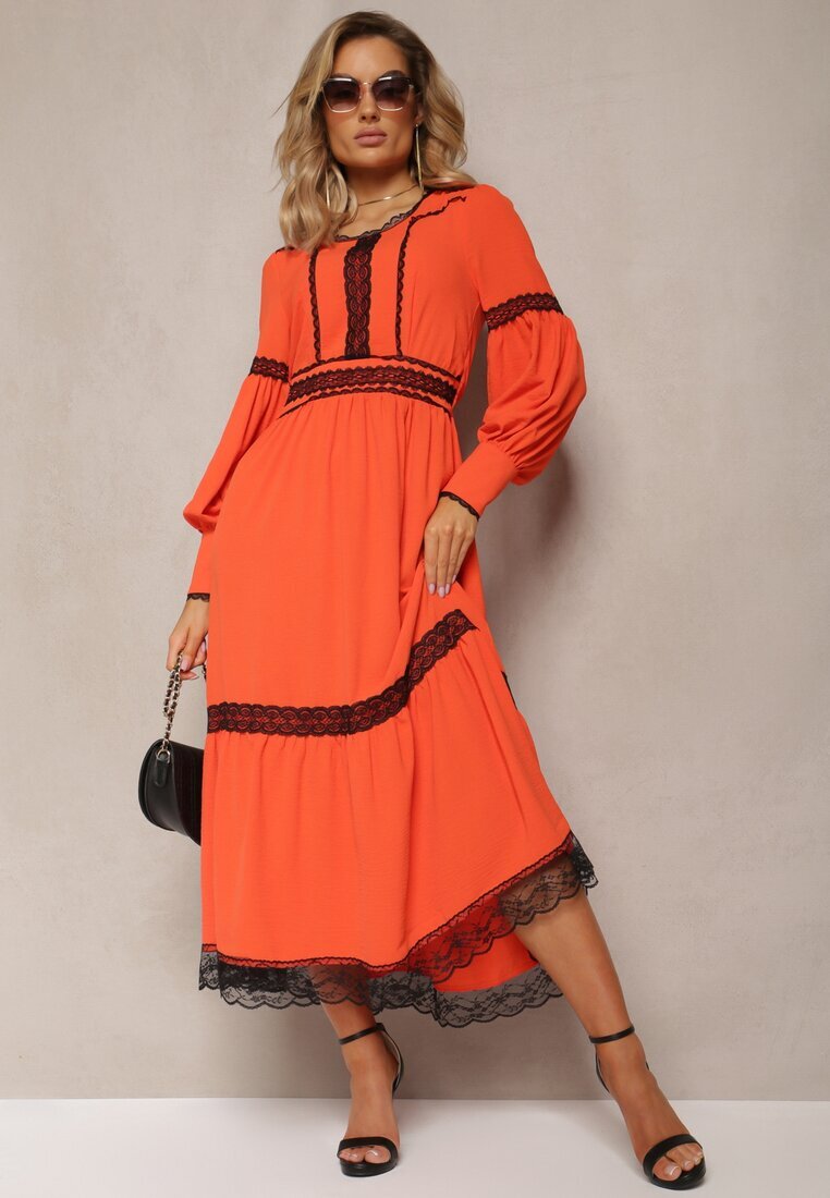 jusdepom Rochie Maxi Portocalie cu croială evazată cu dantelă decorativă și manșete Kante