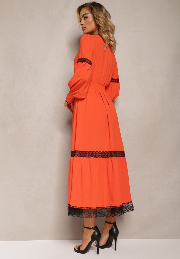 jusdepom Rochie Maxi Portocalie cu croială evazată cu dantelă decorativă și manșete Kante