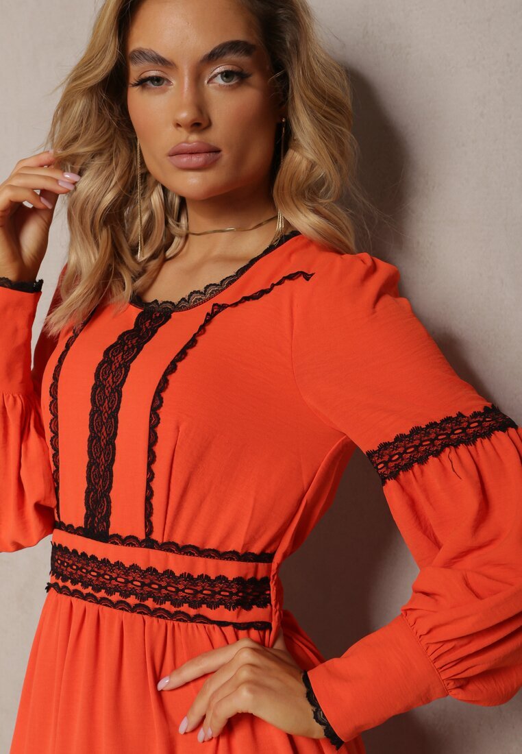 jusdepom Rochie Maxi Portocalie cu croială evazată cu dantelă decorativă și manșete Kante
