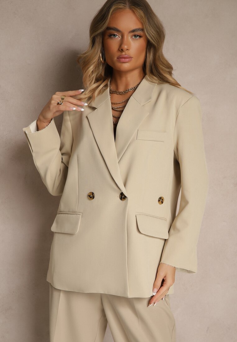 jusdepom Sacou bej deschis tip cutie Oversize cu piept dublu cu nasture suplimentar Pasmira