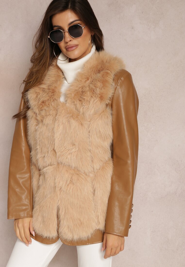 k-th Vestă De blană Bej cu Inserții din Piele ecologică Lewja