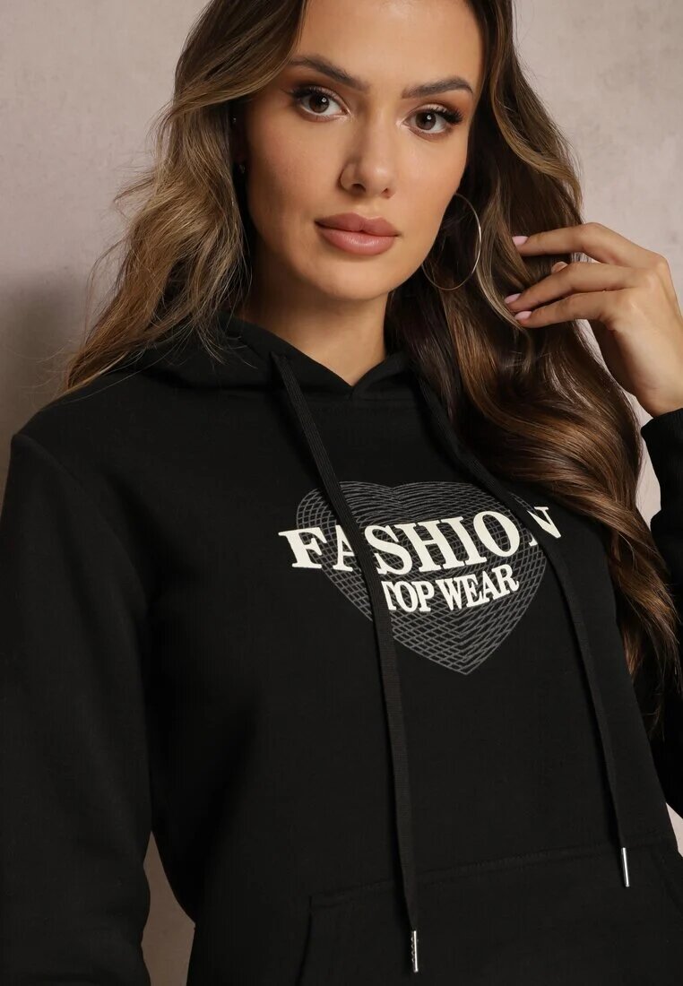 kamaella Bluză tip cangur Neagră căptușită cu fleece cu imprimeu decorativ Elili
