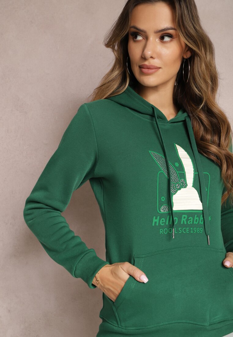 kamaella Bluză Verde cu Glugă și Imprimeu Decorativ Kliorre