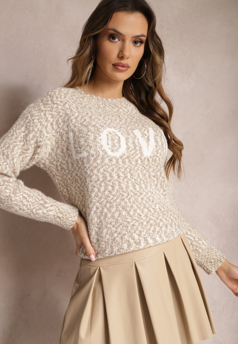 kamaella Pulover Bej cu Imprimeu Decorativ Finisat cu Borduri Elastice Minisoji