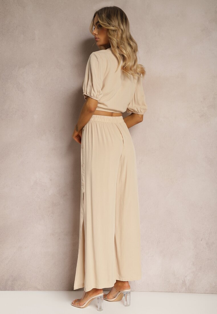  Komplet bej deschis din bumbac stil utility Cămașă și Pantaloni largi Veola