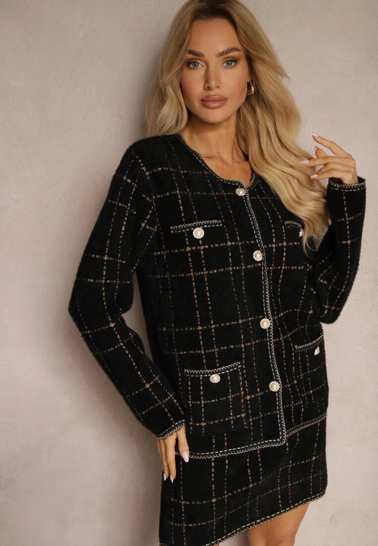 Komplet Elegant Tricotat Negru-Auriu cu Cardigan și Fustă în Carouri Railey