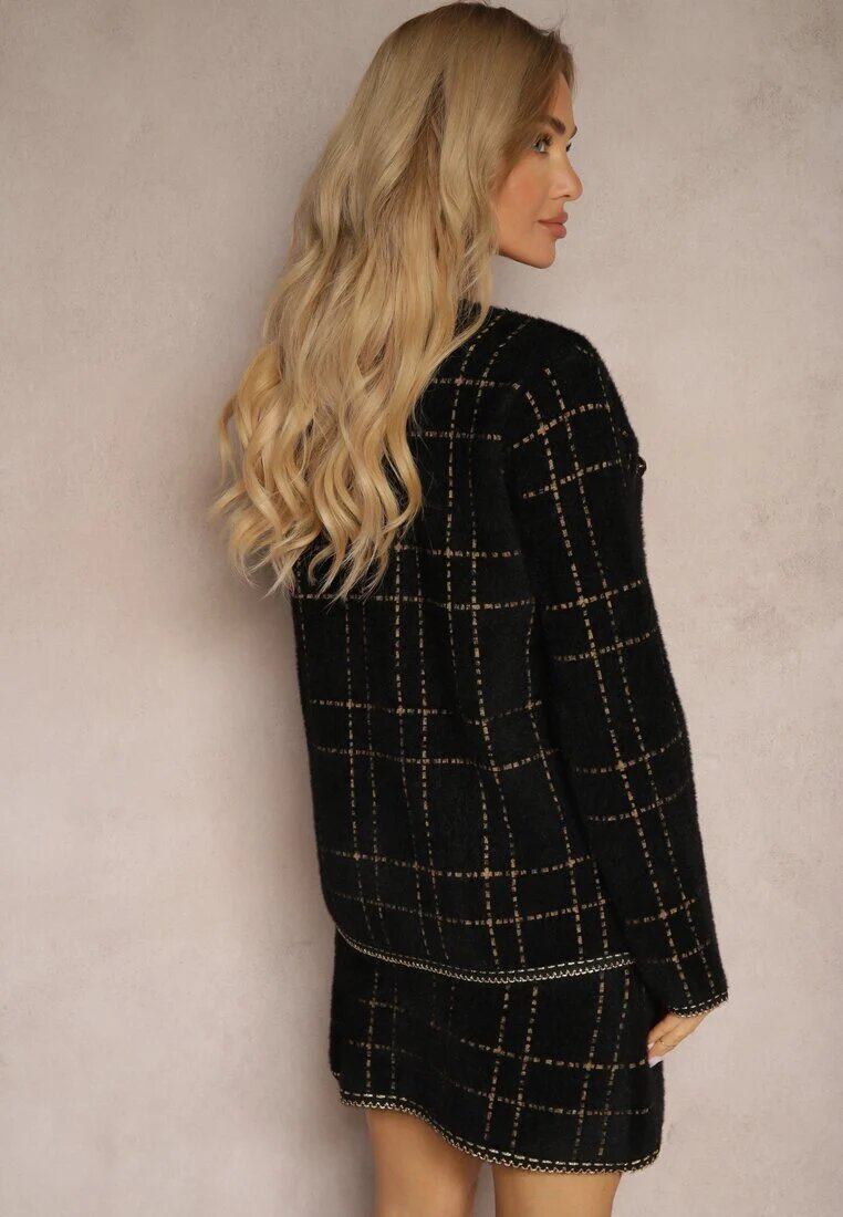  Komplet Elegant Tricotat Negru-Auriu cu Cardigan și Fustă în Carouri Railey