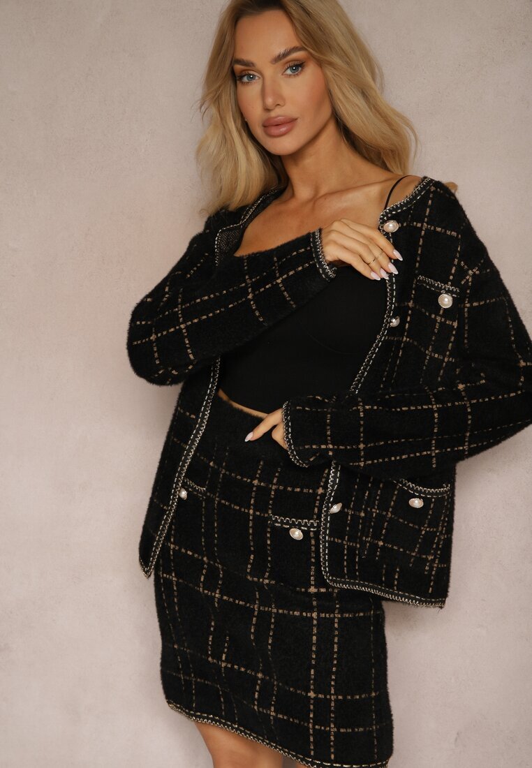  Komplet Elegant Tricotat Negru-Auriu cu Cardigan și Fustă în Carouri Railey
