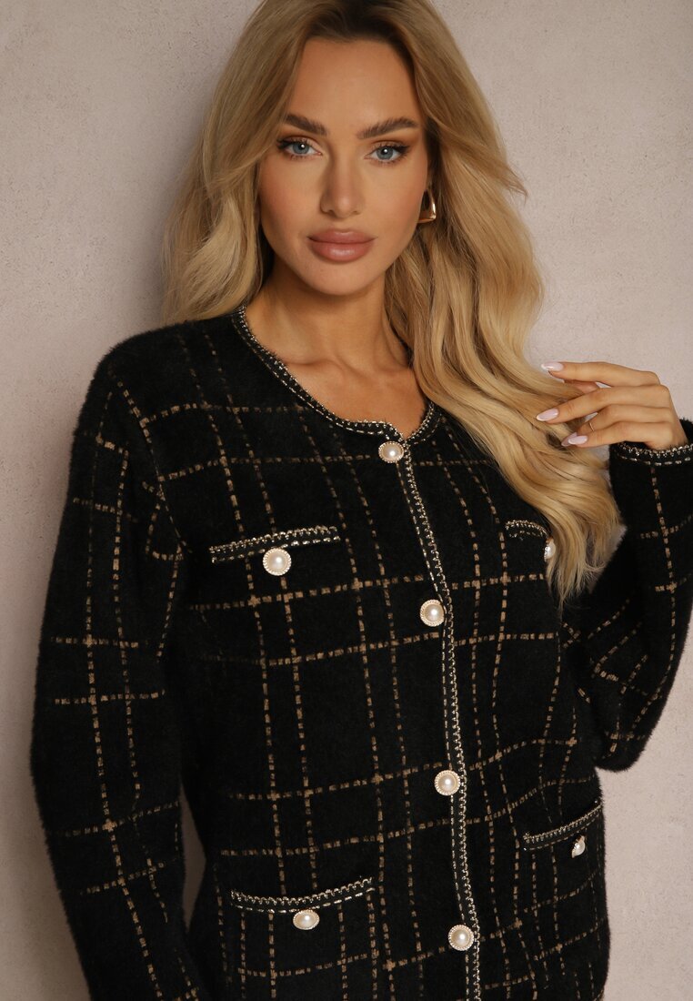 Komplet Elegant Tricotat Negru-Auriu cu Cardigan și Fustă în Carouri Railey