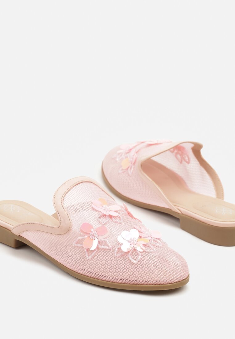 la flor Papuci Roz Mule cu fața din plasă și flori 3D Annalen