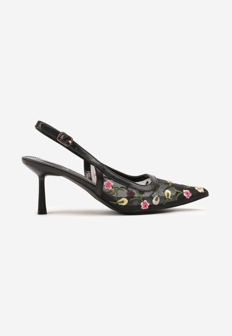 la flor Sandale Negre cu toc clepsidră cu vârf ascuțit și broderie florală Noltewi
