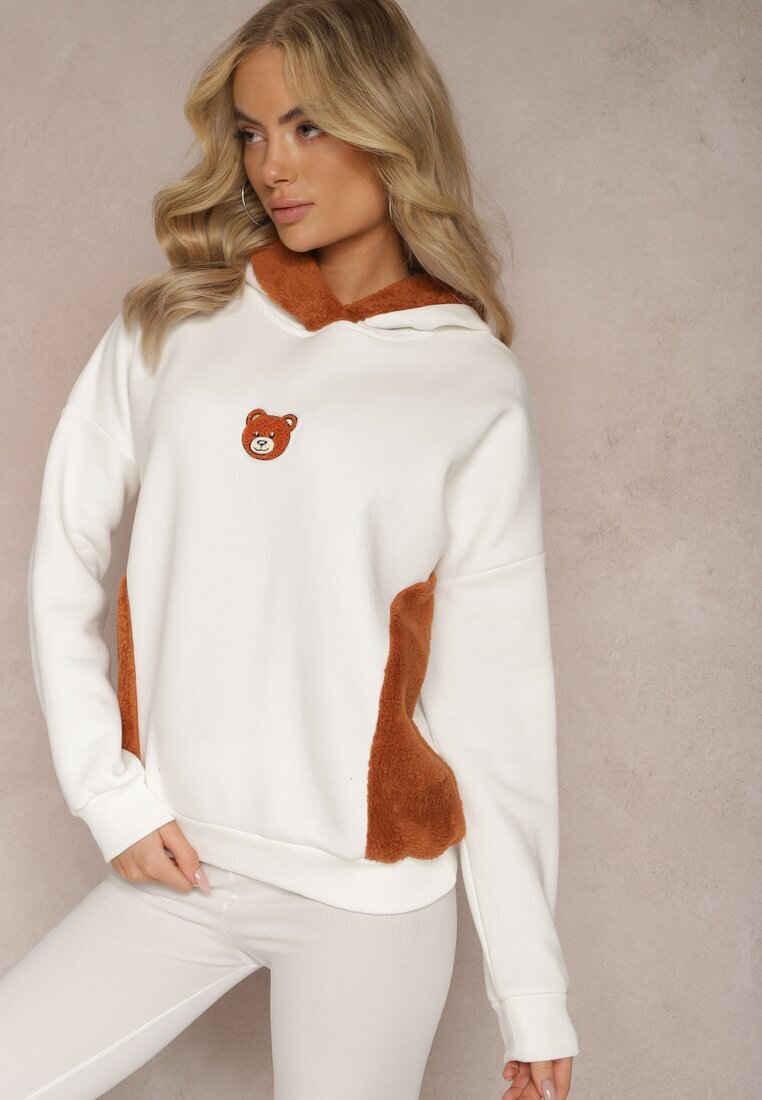 las garras Bluză Albă din Bumbac cu Aplicație Decorativă cu Ursuleț și Glugă din Fleece Hecatia
