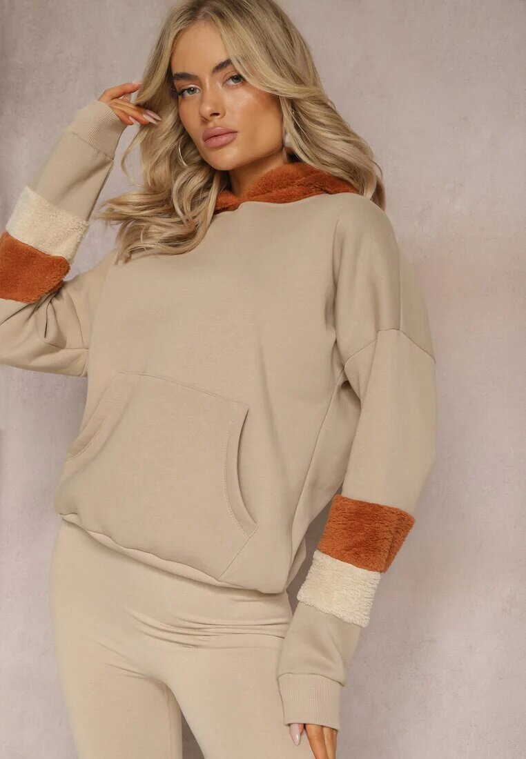 las garras Bluză bej de bumbac cu glugă și inserții din fleece Qilin