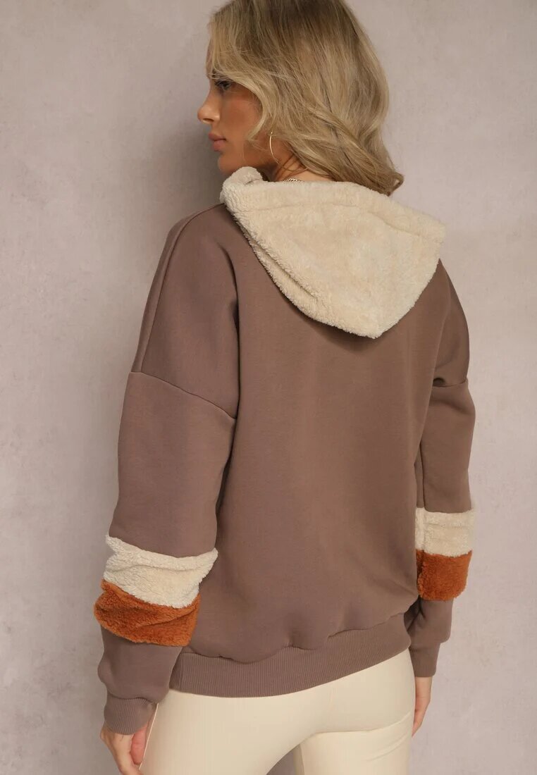 las garras Bluză din bumbac maro cu glugă și inserții din fleece Qilin