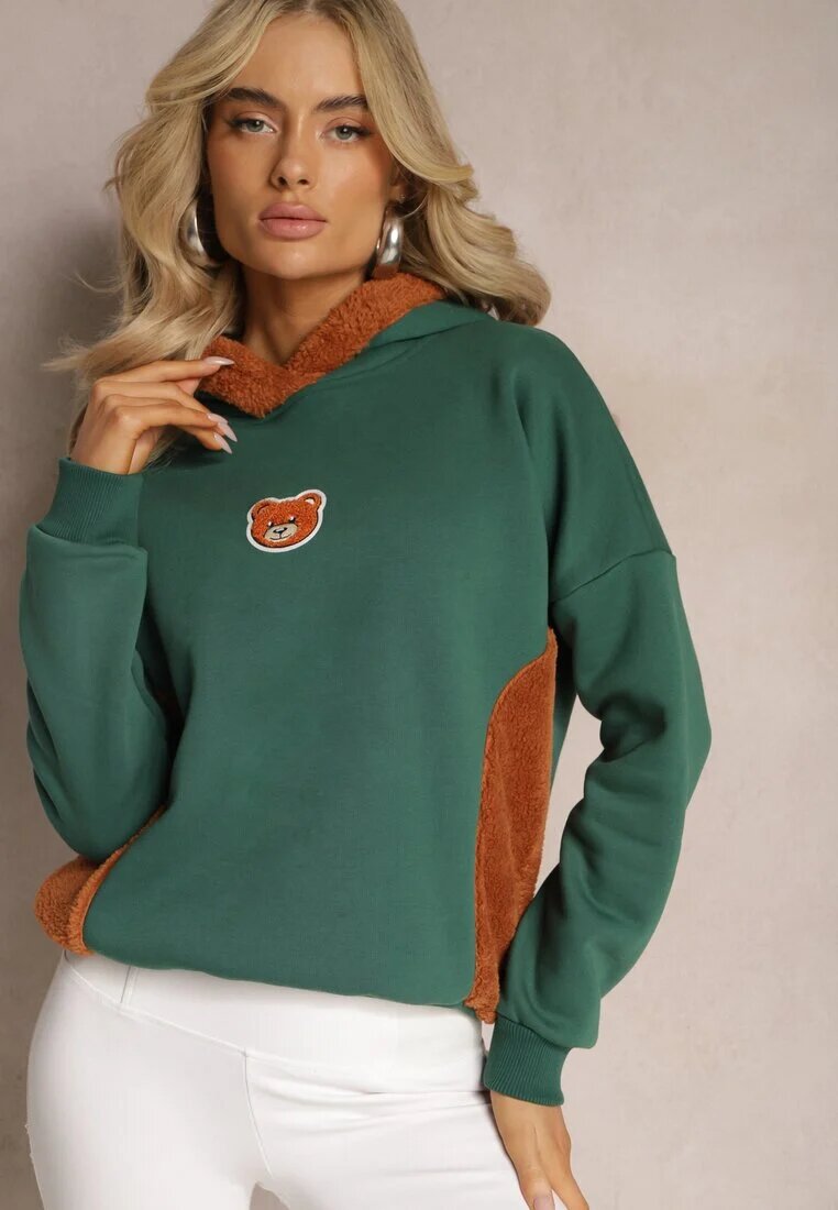 las garras Bluza Verde din Bumbac cu Aplicație Decorativă cu Ursuleț și Glugă din Fleece Hecatia