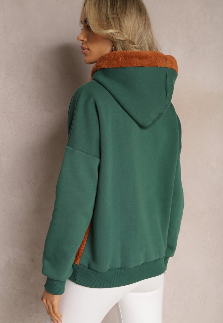 las garras Bluza Verde din Bumbac cu Aplicație Decorativă cu Ursuleț și Glugă din Fleece Hecatia