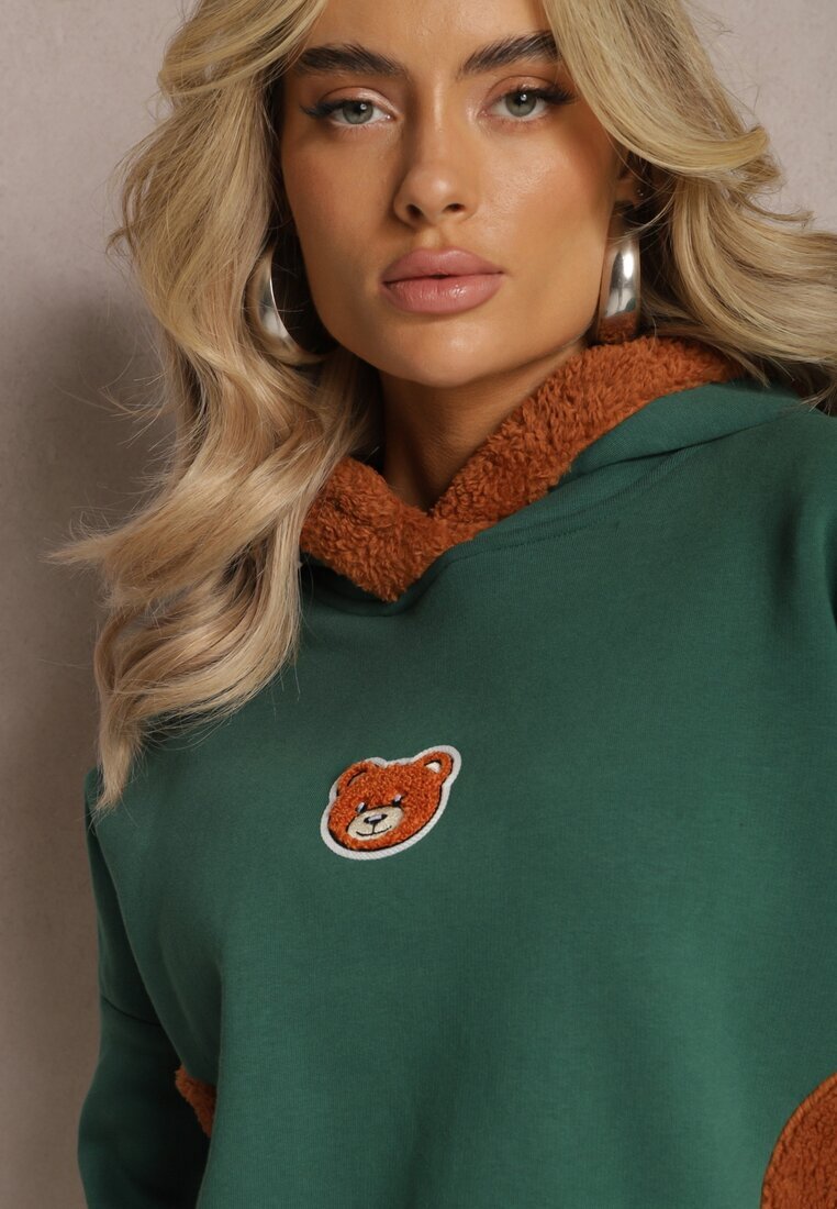 las garras Bluza Verde din Bumbac cu Aplicație Decorativă cu Ursuleț și Glugă din Fleece Hecatia