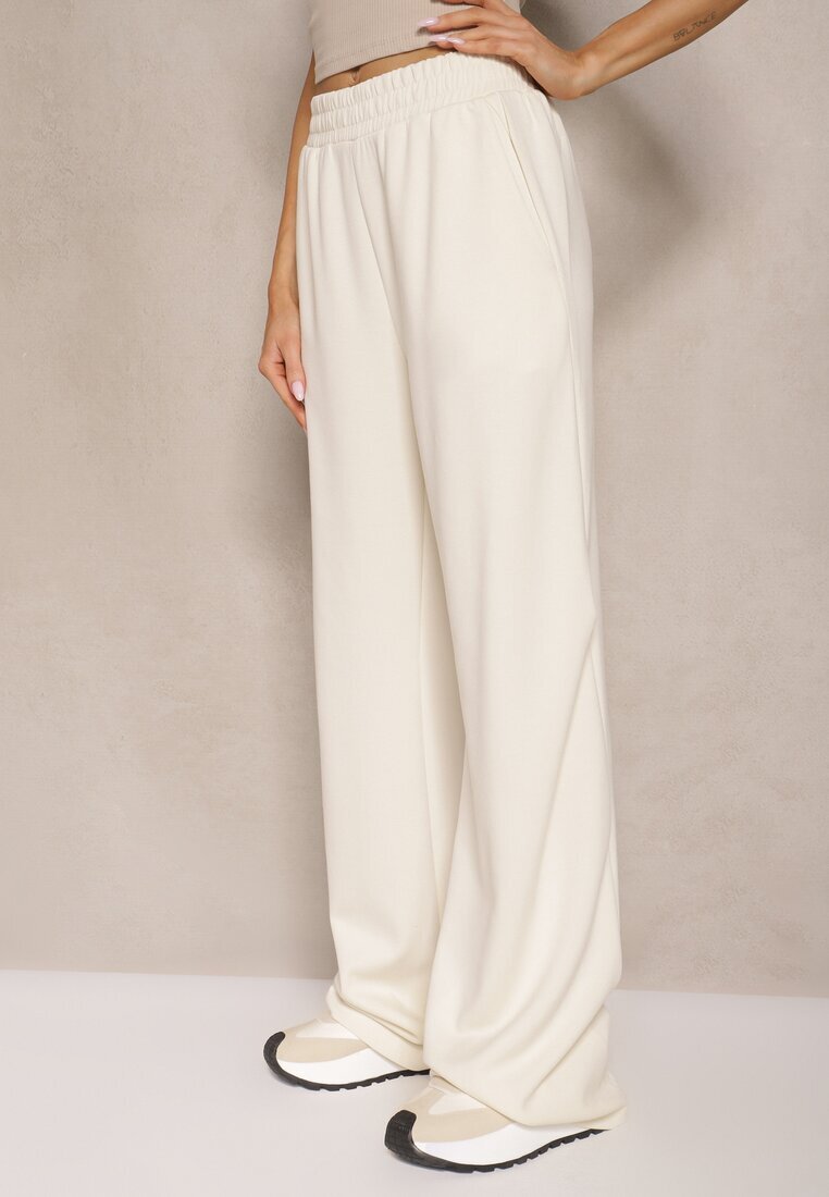 lefon Pantaloni Bej deschis cu croială largă High Waist cu elastic în talie Belobira