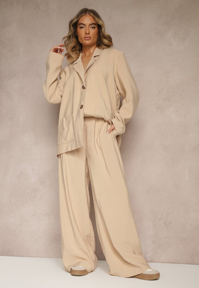 lefon Pantaloni Bej Low Waist din Modal cu Picior lat Reanelira