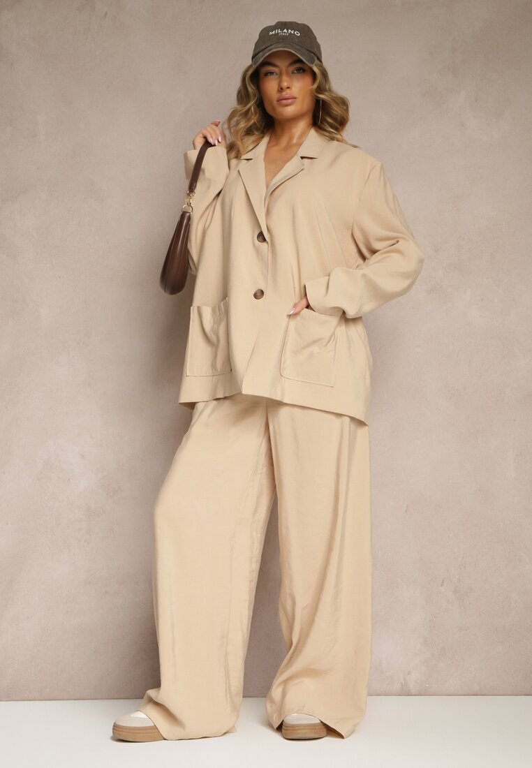 lefon Pantaloni Bej Low Waist din Modal cu Picior lat Reanelira