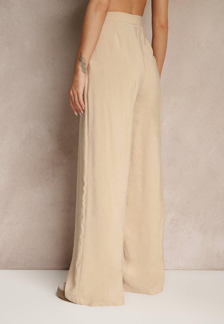 lefon Pantaloni Bej Low Waist din Modal cu Picior lat Reanelira