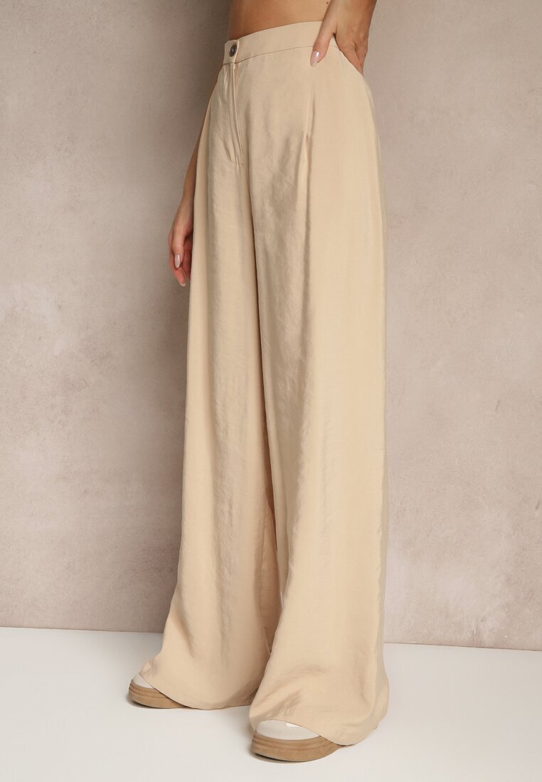 lefon Pantaloni Bej Low Waist din Modal cu Picior lat Reanelira