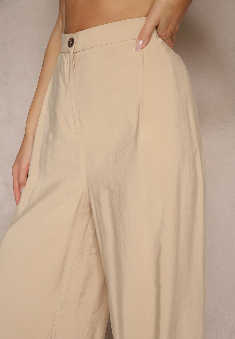 lefon Pantaloni Bej Low Waist din Modal cu Picior lat Reanelira